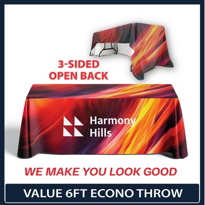 Value - 6' x 30"Top x 29"H - 3 Sided Hemmed Econo Table Throw (Full Coverage Dye Sublimation)
